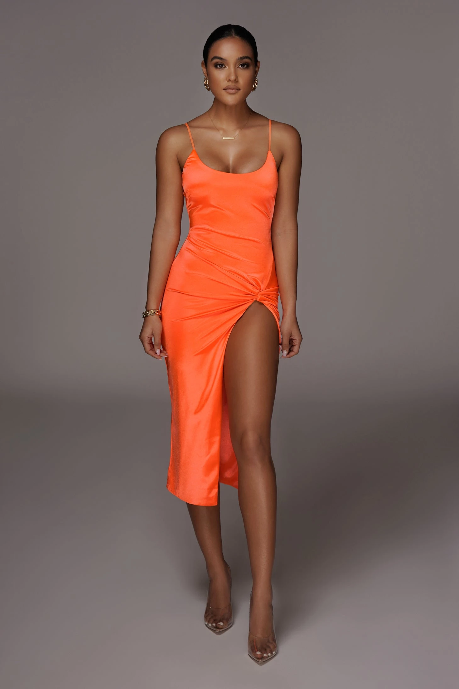 Orange Aldis Satin Slit Dress - Image 2