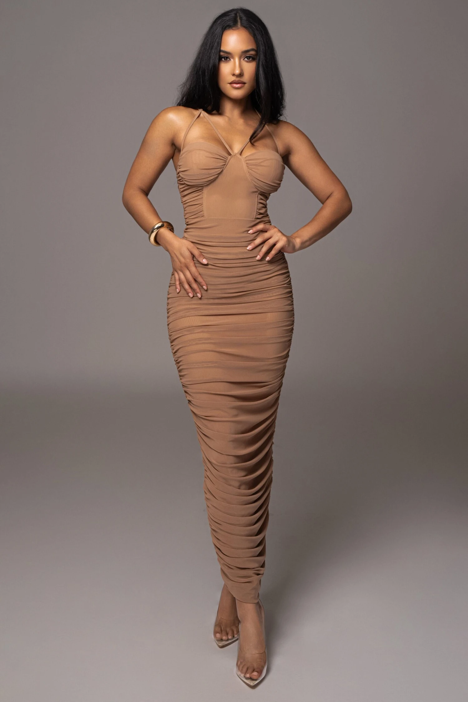 Tan Elite Mesh Maxi Dress - Image 3