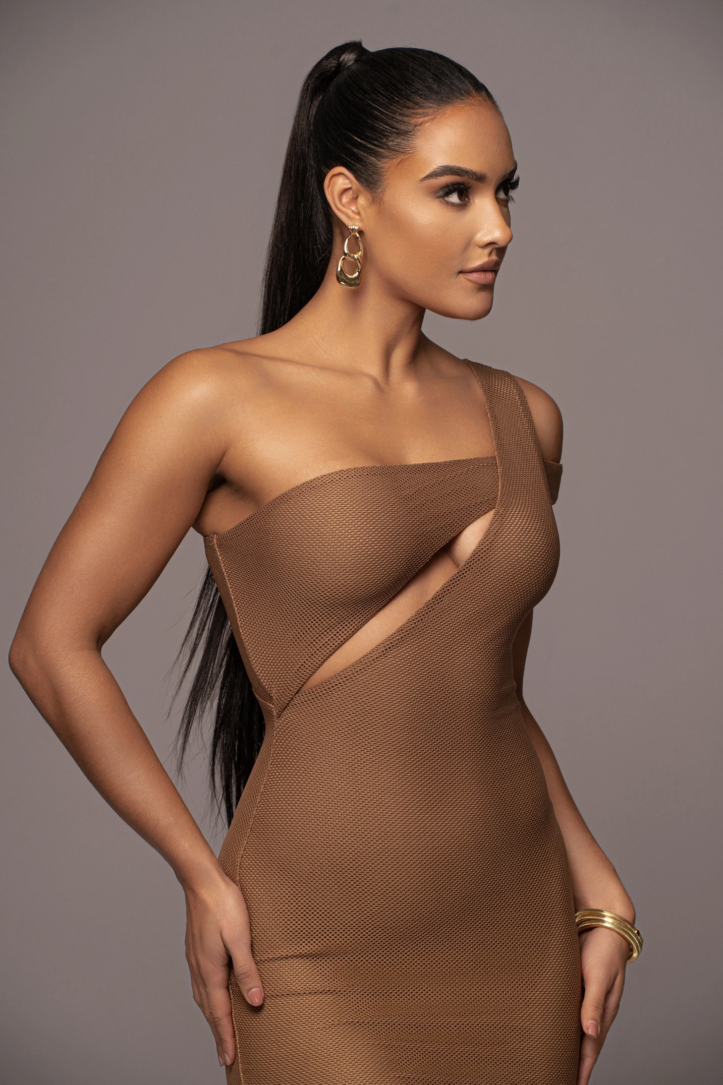 Tan Genasis One Shoulder Dress - Image 2