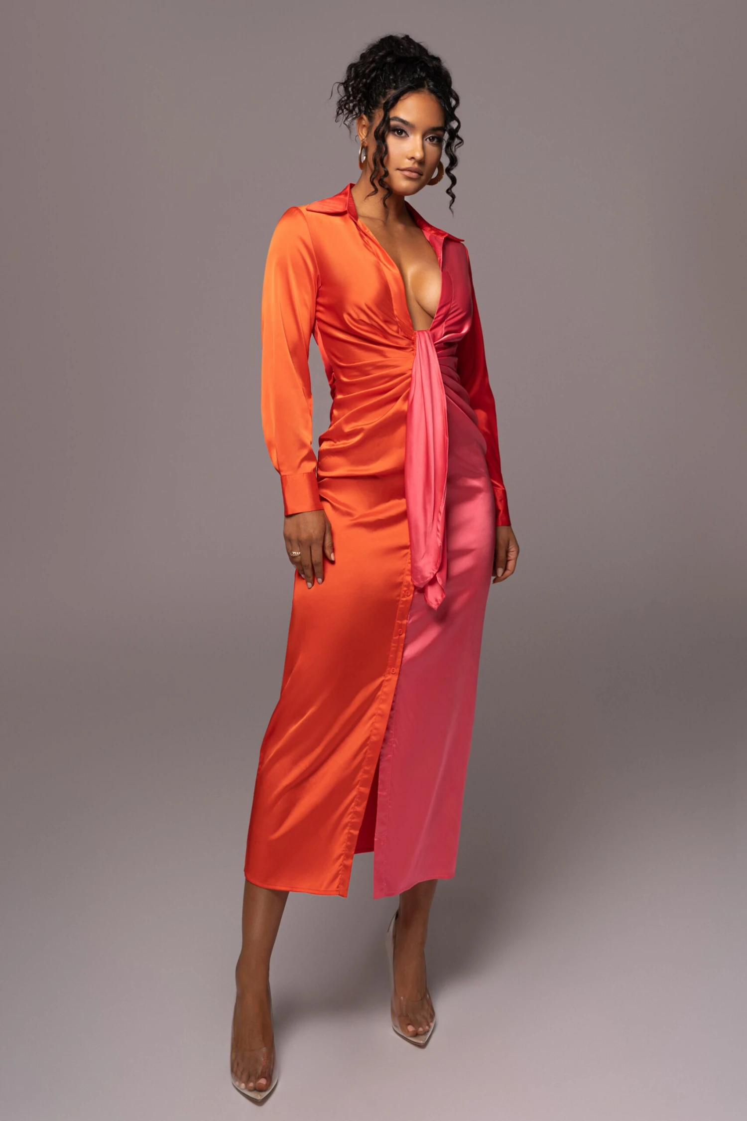 Pink Color Block Satin Midi Dress - Image 6