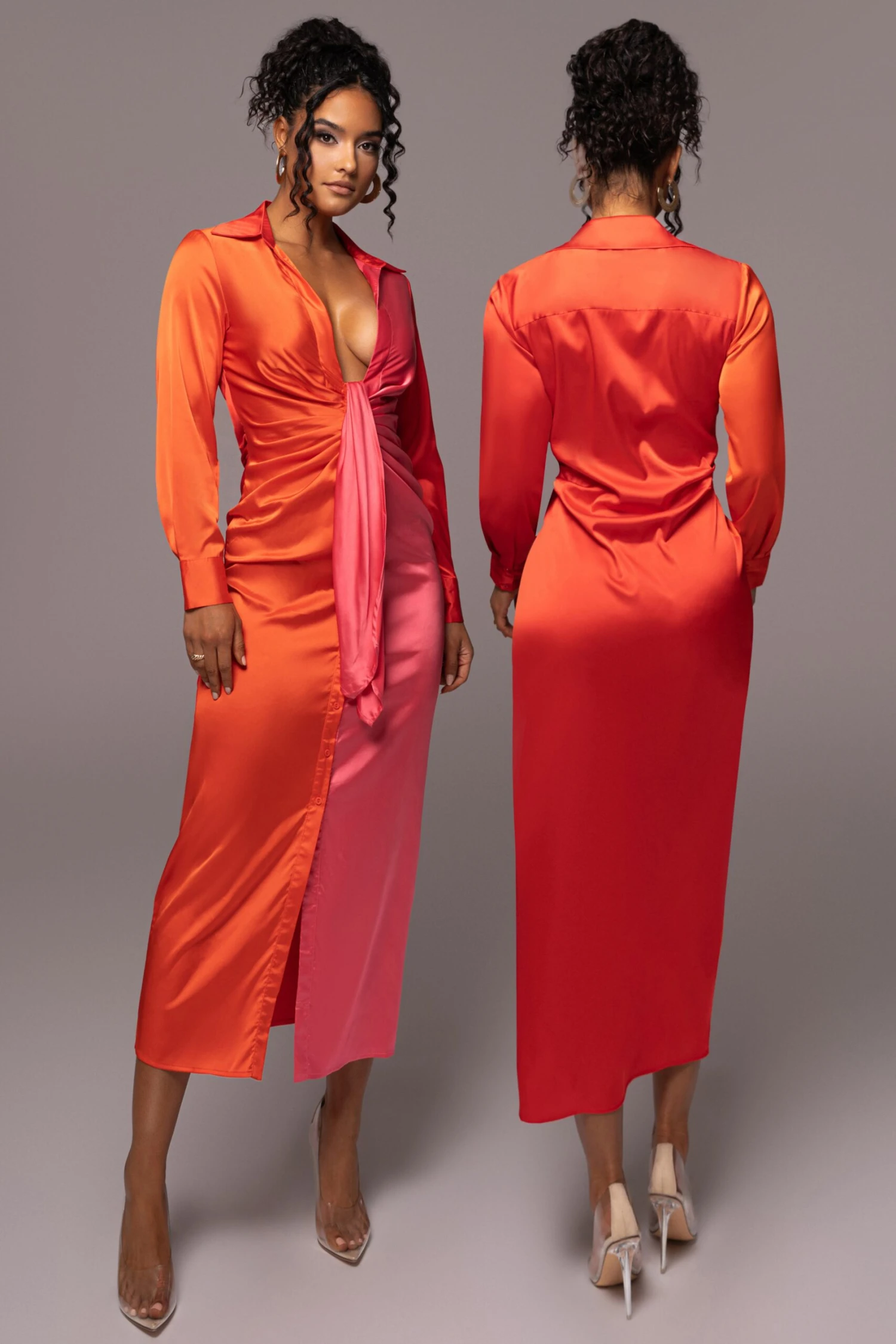 Pink Color Block Satin Midi Dress