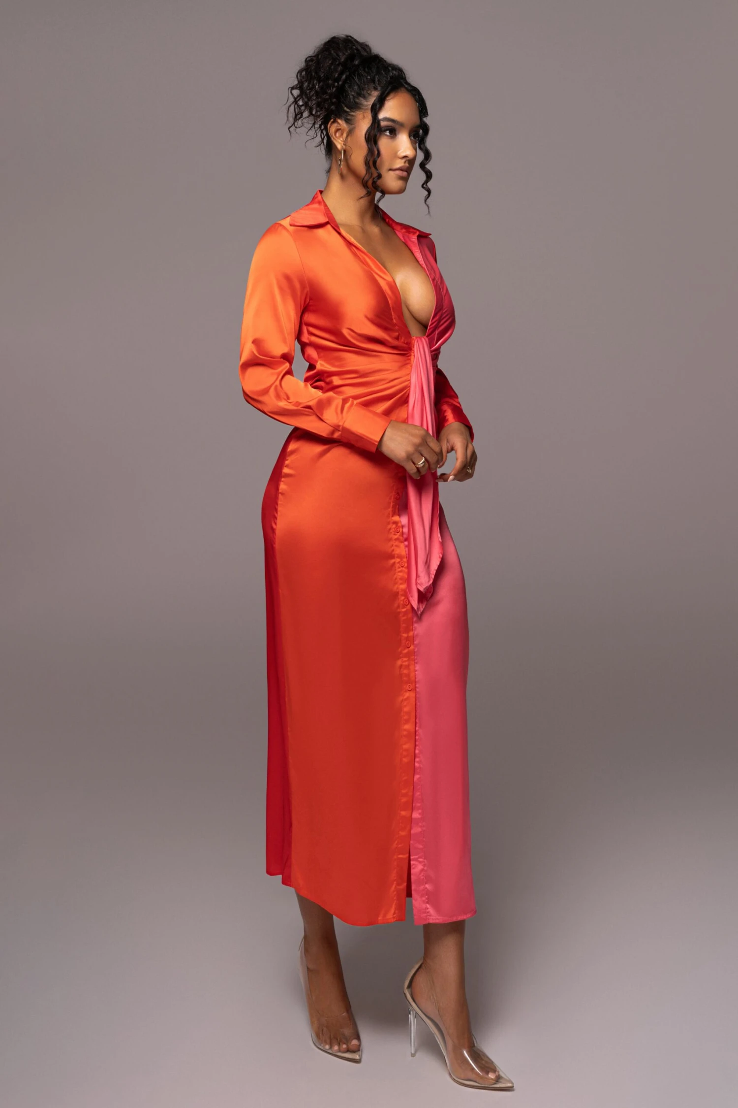 Pink Color Block Satin Midi Dress - Image 8