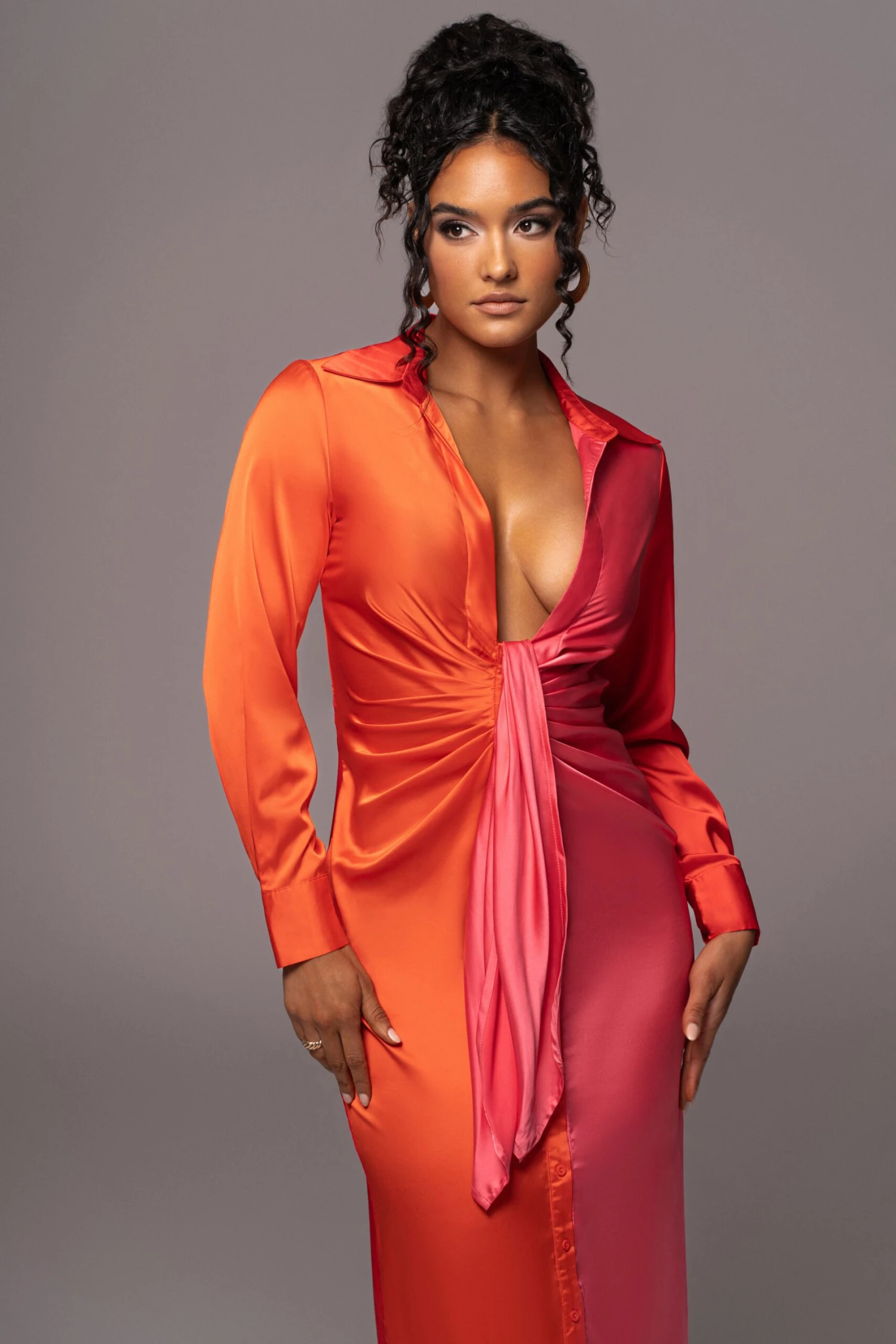 Pink Color Block Satin Midi Dress - Image 2