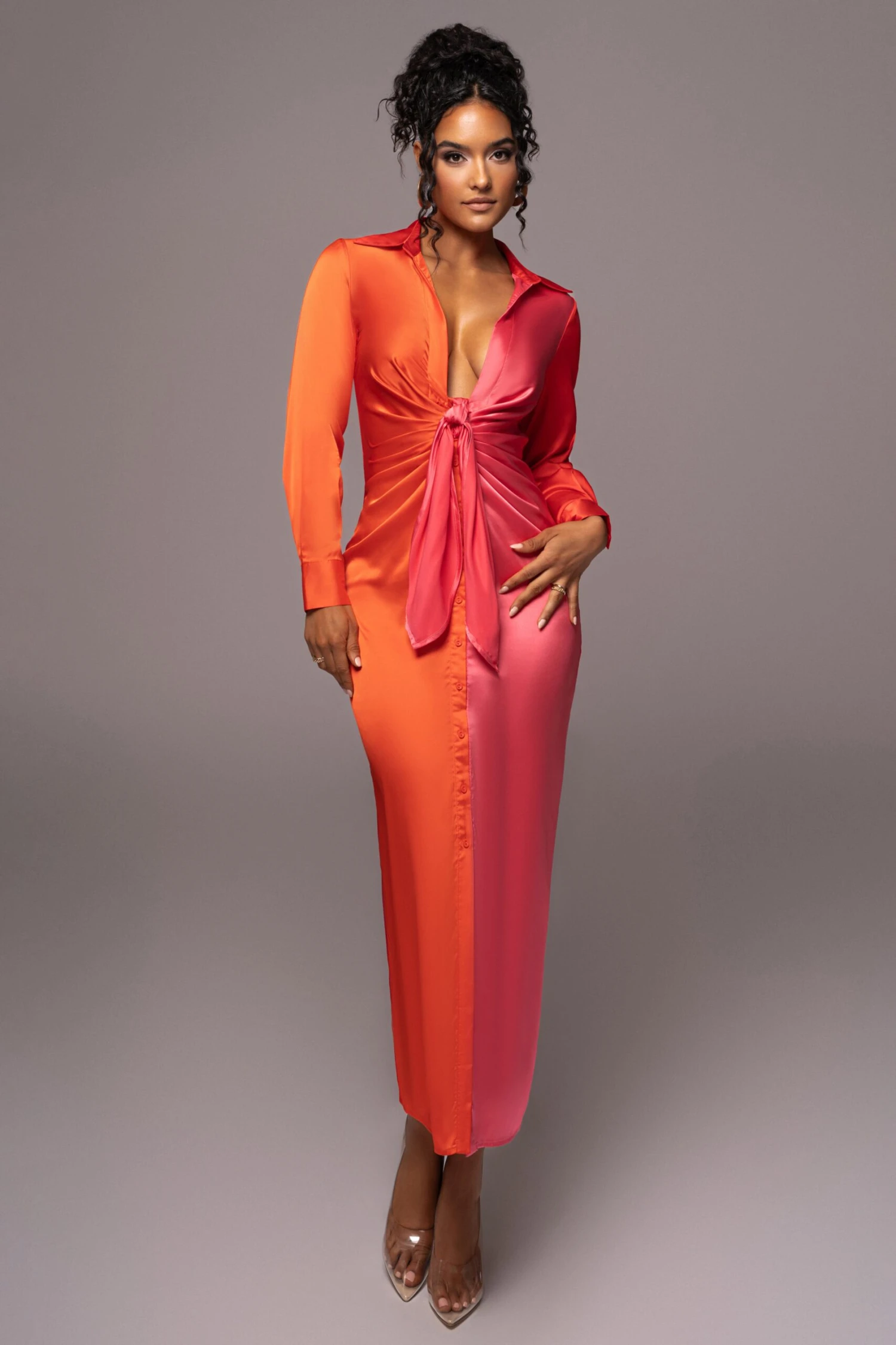 Pink Color Block Satin Midi Dress - Image 5