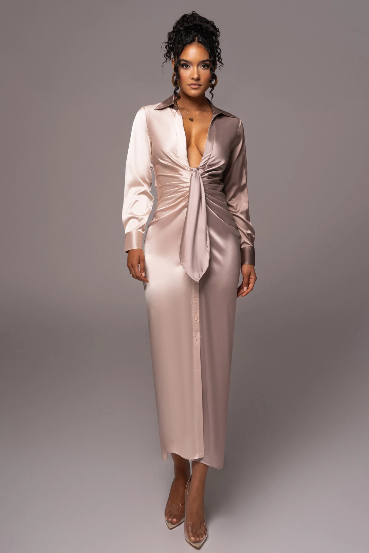 Taupe Color Block Satin Midi Dress - Image 4