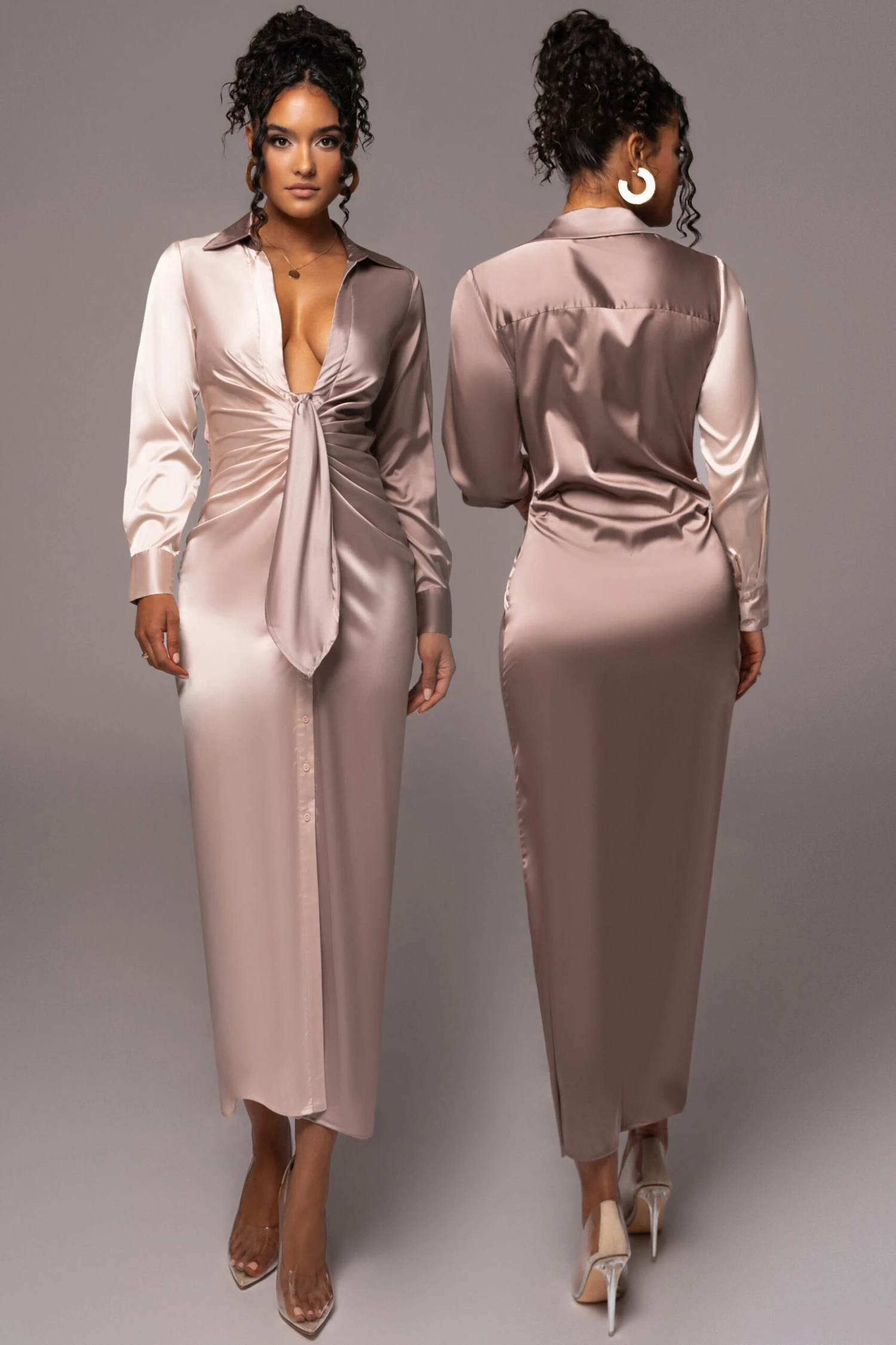 Taupe Color Block Satin Midi Dress