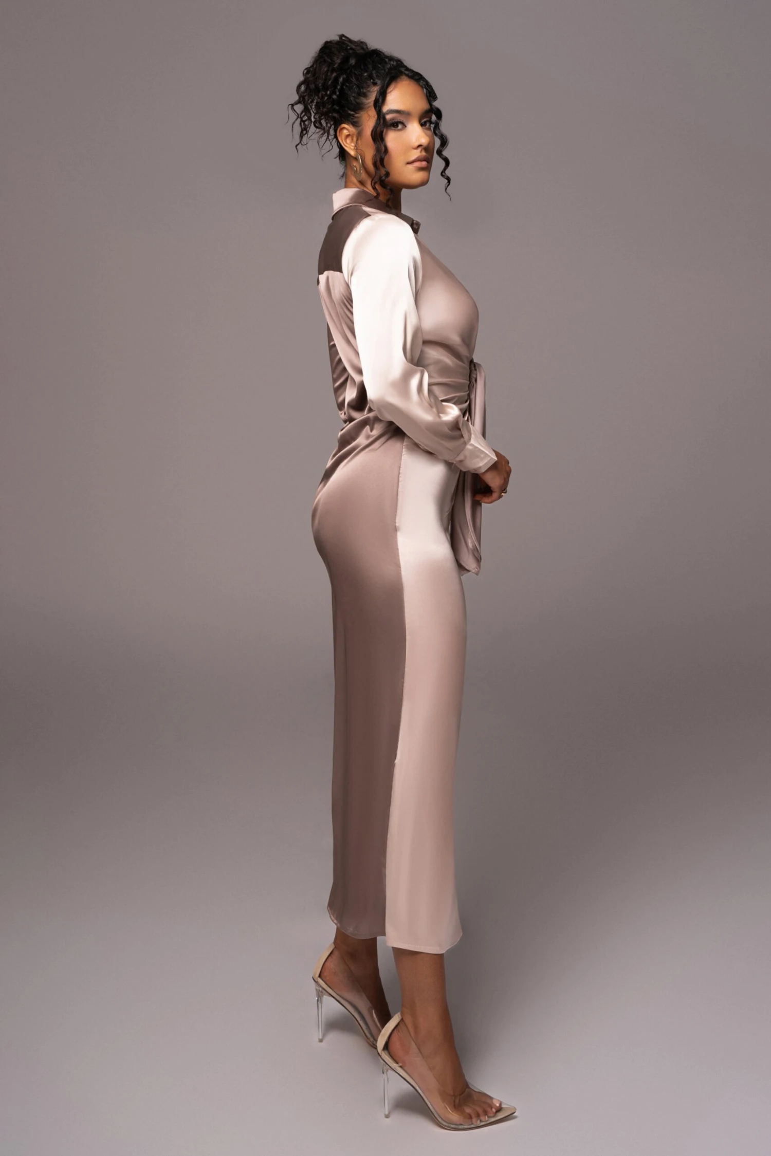 Taupe Color Block Satin Midi Dress - Image 10