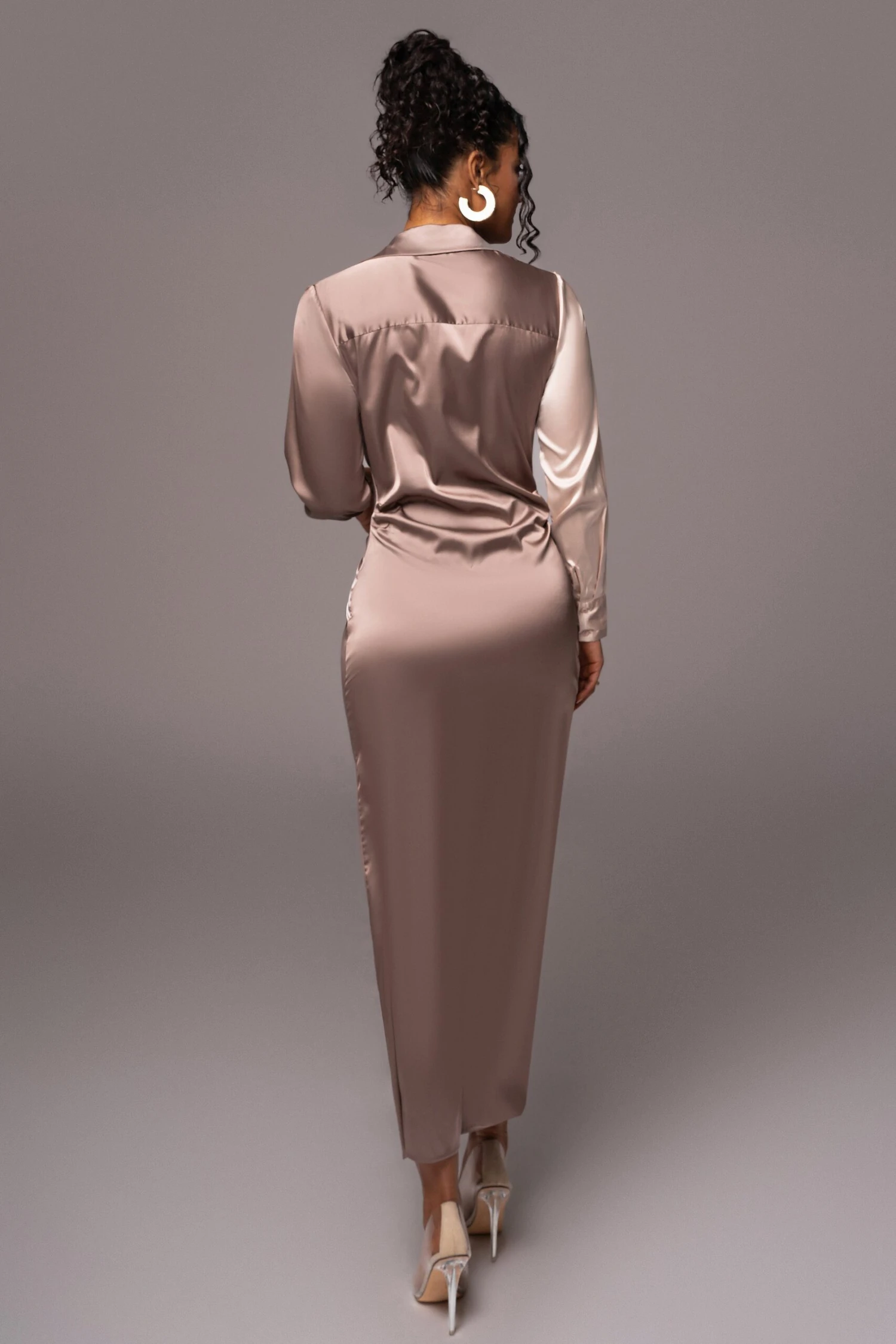Taupe Color Block Satin Midi Dress - Image 12