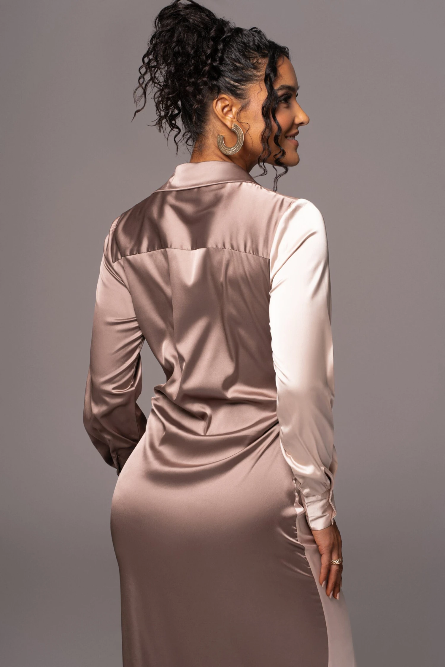 Taupe Color Block Satin Midi Dress - Image 11