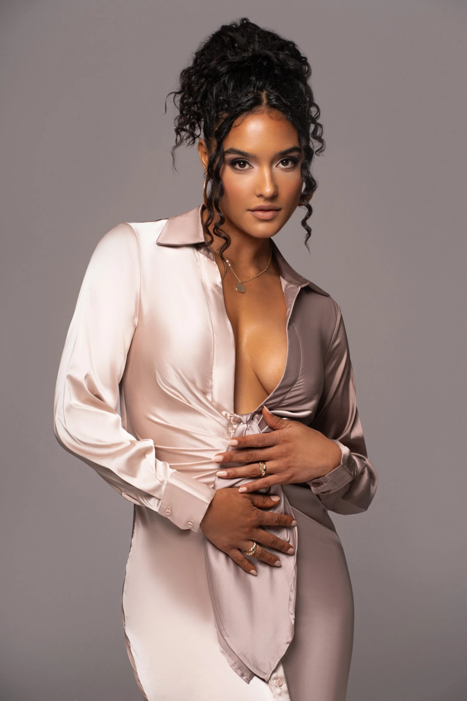 Taupe Color Block Satin Midi Dress - Image 8