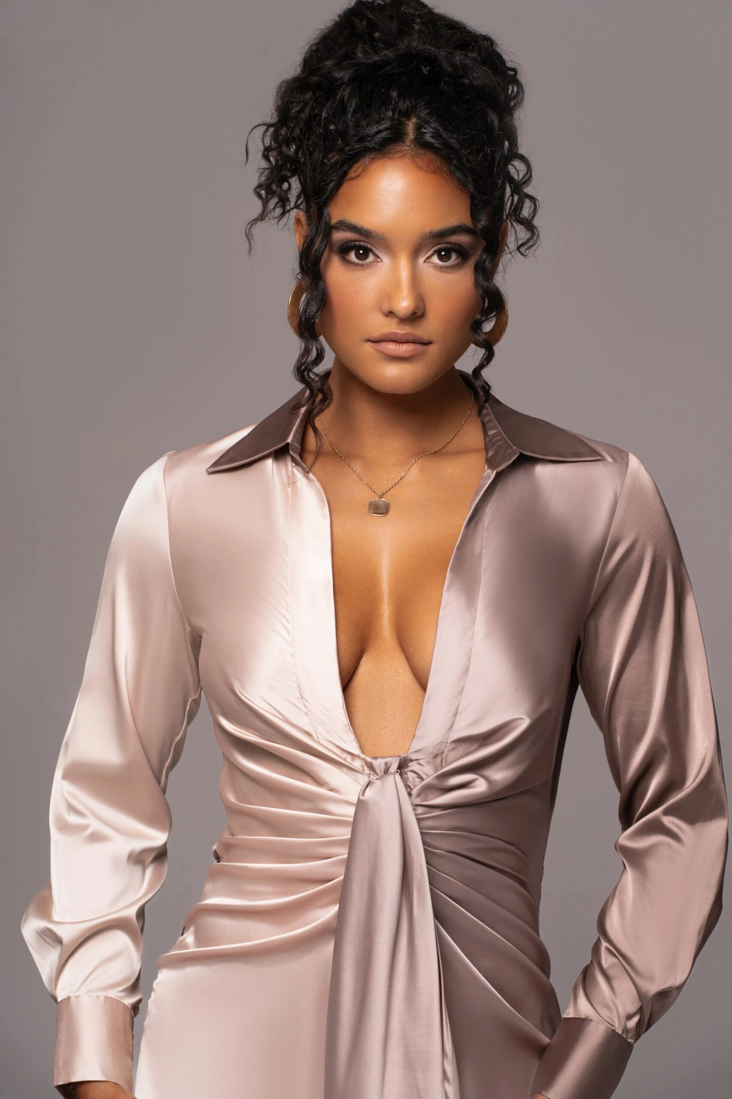 Taupe Color Block Satin Midi Dress - Image 5